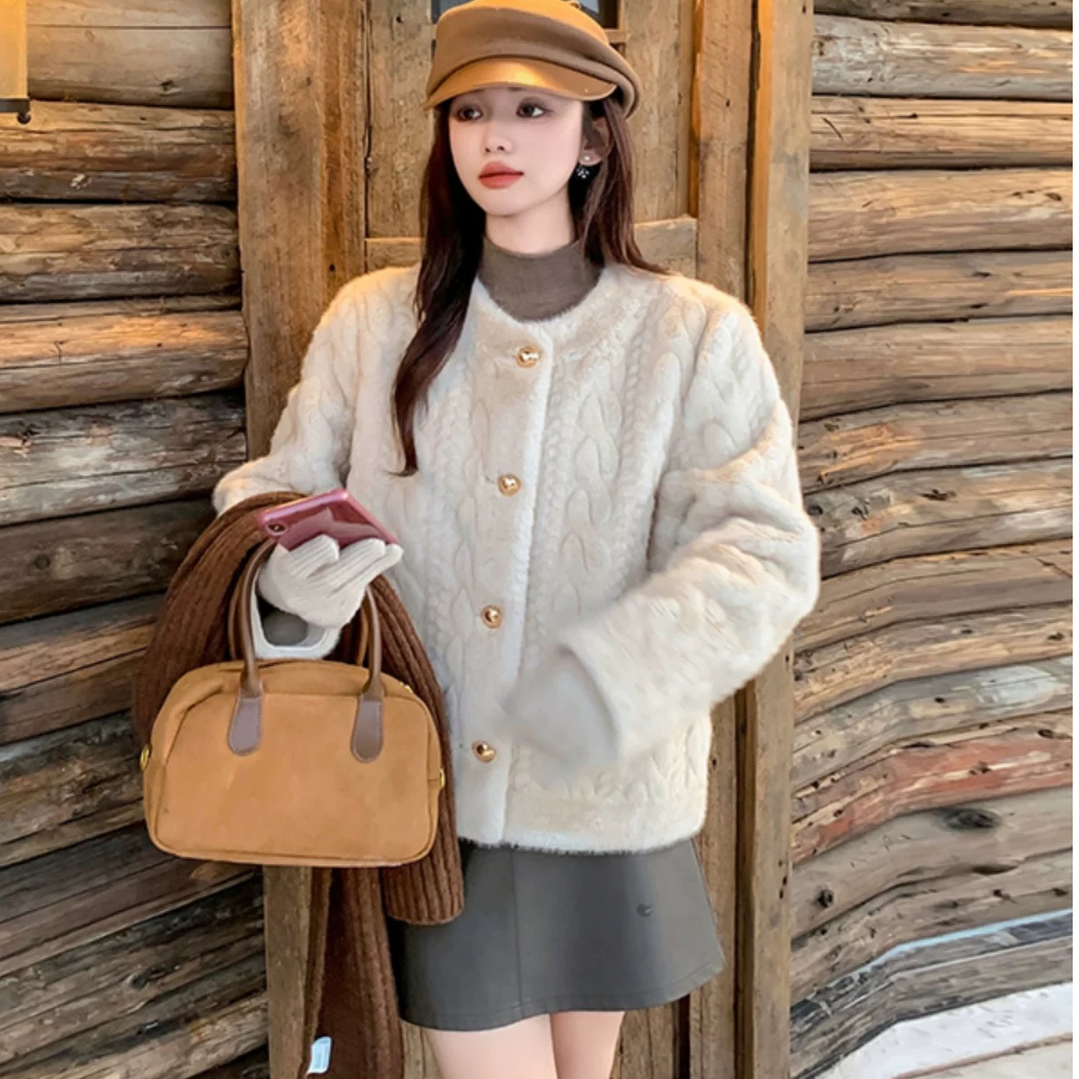 秋冬加厚皮毛一体气质时尚网红短款百搭显瘦外套女士圆领宽松洋气