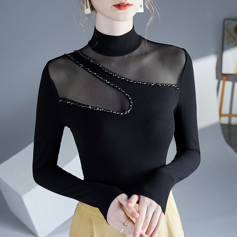 设计感镂空拼接露肩上衣春季内搭半高领打底衫长袖修身洋气小衫