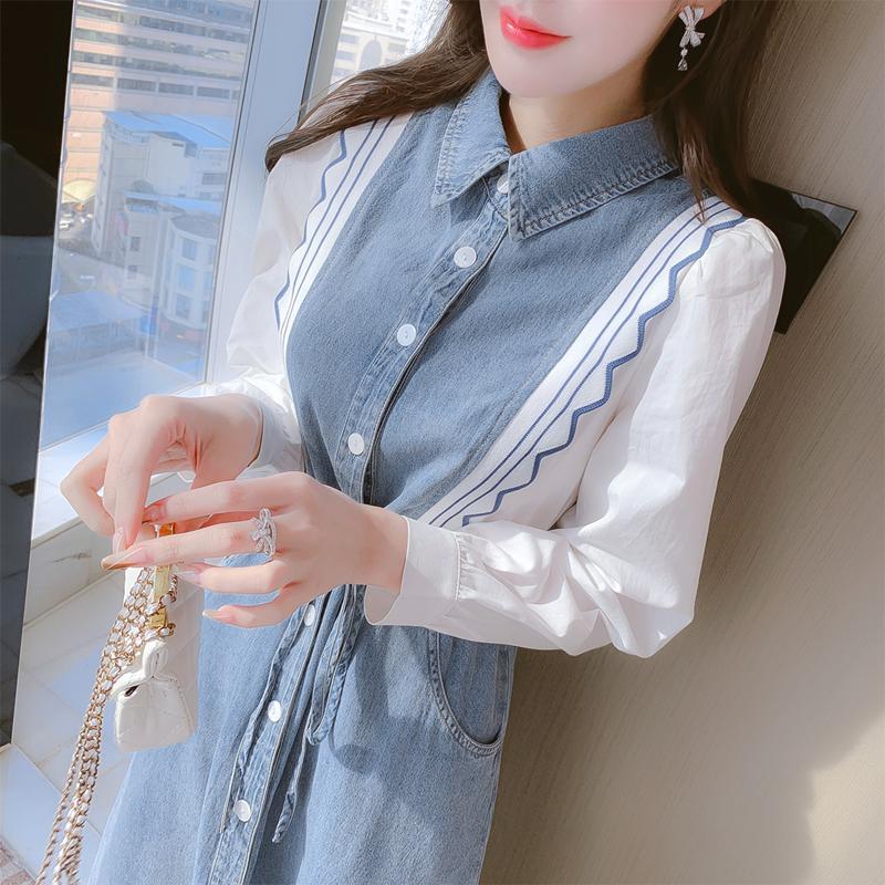 春季2025年新款裙子女小众设计感气质收腰抽绳翻领拼接牛仔连衣裙