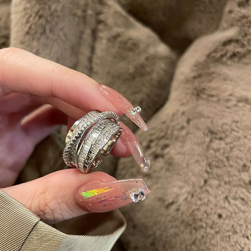 合金戒指 轻奢镶嵌银色锆石百搭复古个性女式食指精致可调节戒指