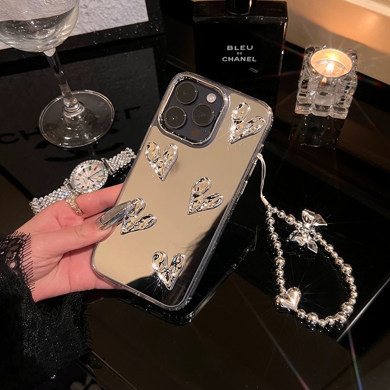 ins电镀爱心补妆镜适用苹果16promax手机壳iPhone13/12奢华15pro