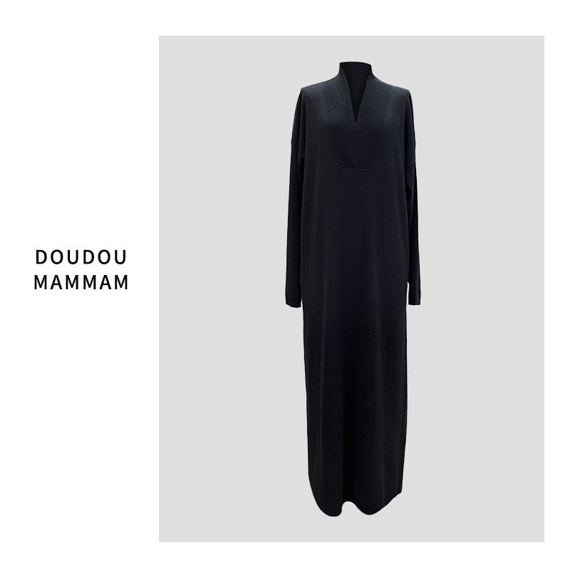 V领秋季H型裙黑色针织连衣裙宽松中长款连衣裙