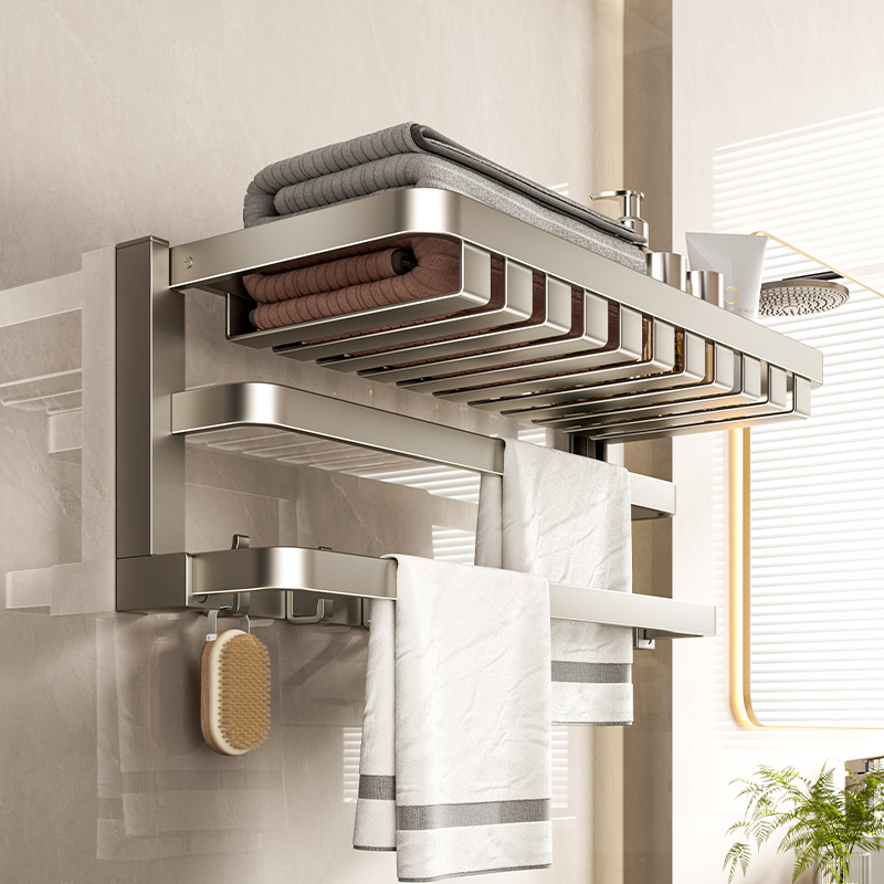 升级三层申缩浴巾架太空铝免打孔卫生间折叠毛巾架澡间置物架加厚