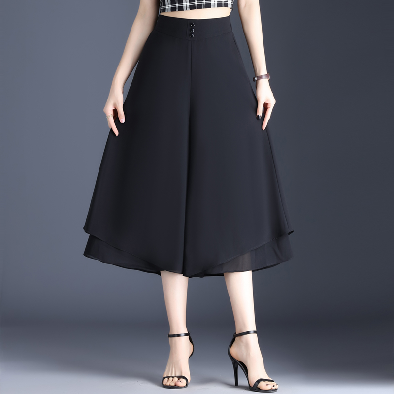 雪纺七分裤裙女百搭薄款黑色新款宽松高腰中长款阔腿垂感休闲夏季