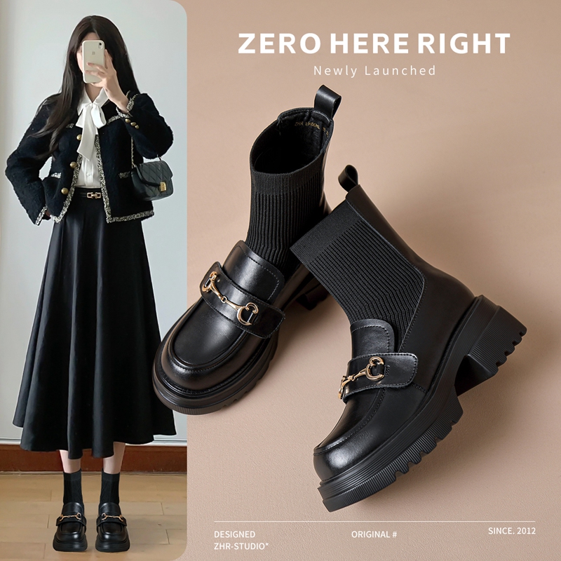 ZHR/则则乐福袜靴女2025秋冬新款靴厚底增高英伦风小英伦风乐福鞋
