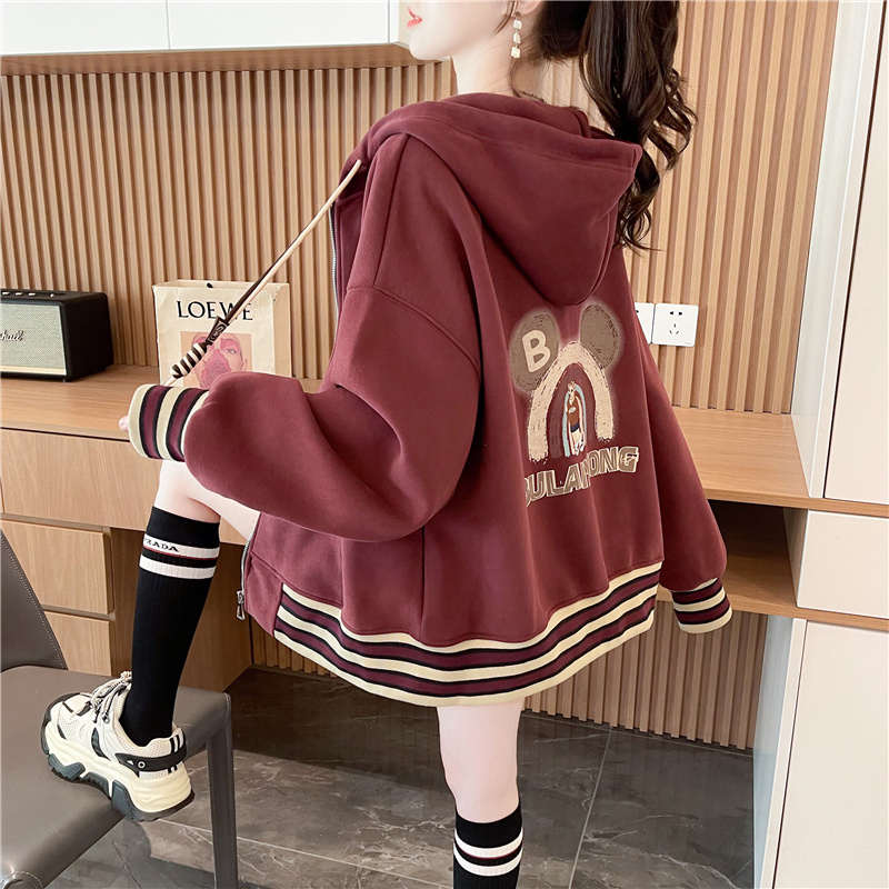 学院风撞色开衫连帽卫衣女薄款/加绒春秋冬新款韩版宽松棒球外套