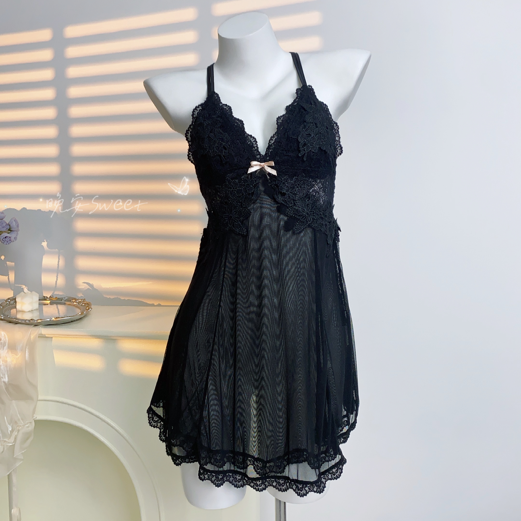 【80-180】微胖显瘦纯欲蕾丝刺绣吊带睡裙网纱美背性感睡衣露背女款