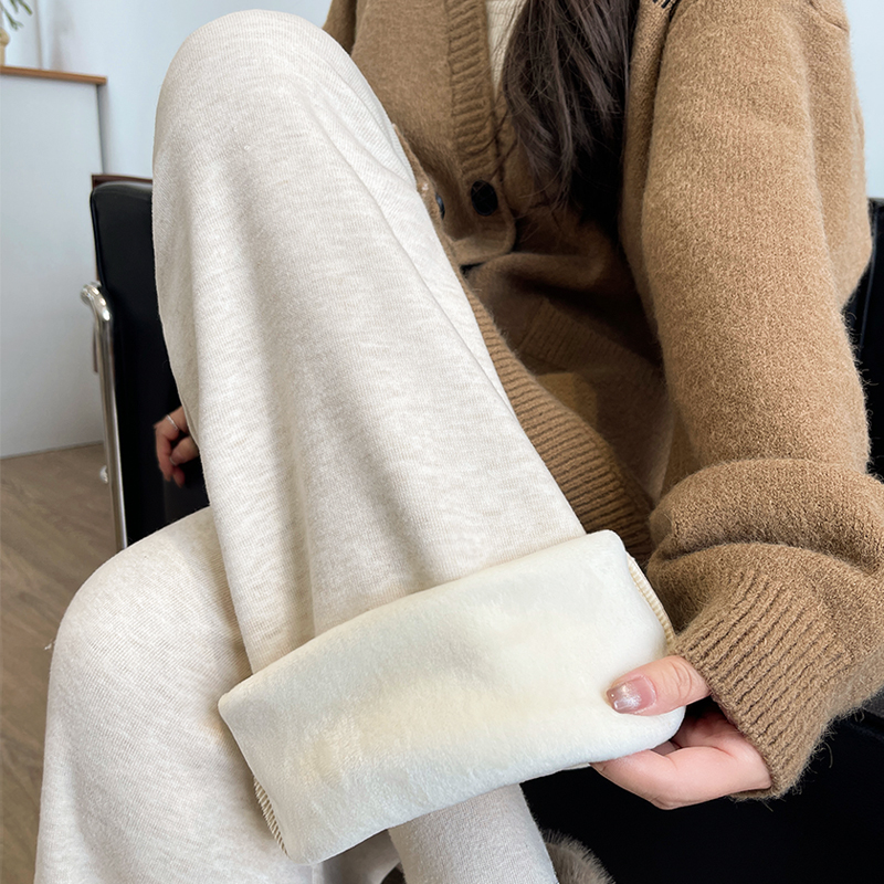 米白色糯米裤女秋冬加绒羊羔绒休闲宽松慵懒风直筒显瘦垂感阔腿裤