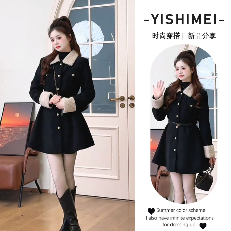 时尚洋气女装2024冬季新款韩版设计感翻领大衣收腰小香风撞色外套