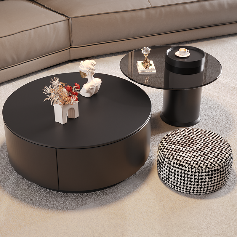 岩板圆形茶几客厅家用轻奢现代简约大小户型黑色茶桌玻璃意式极简