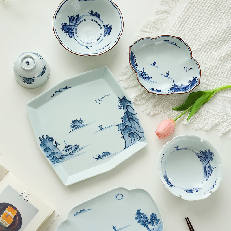 小鹿田烧日本进口盘子青花山水陶瓷菜盘家用八角平盘日式餐具饭碗