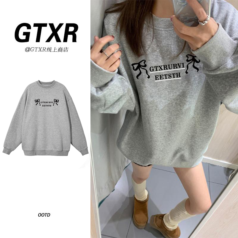 韩系慵懒风休闲卫衣女宽松显瘦重磅长袖圆领印花长袖上衣百搭外套