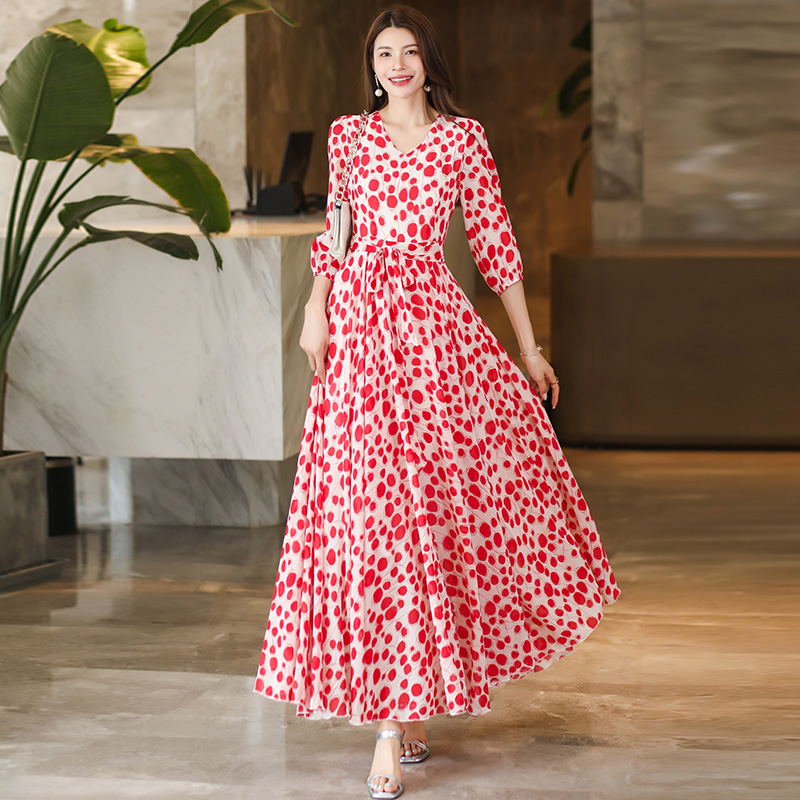 香衣丽华09-2487分袖长款V领大摆连衣裙修身显瘦气质简约大摆长裙