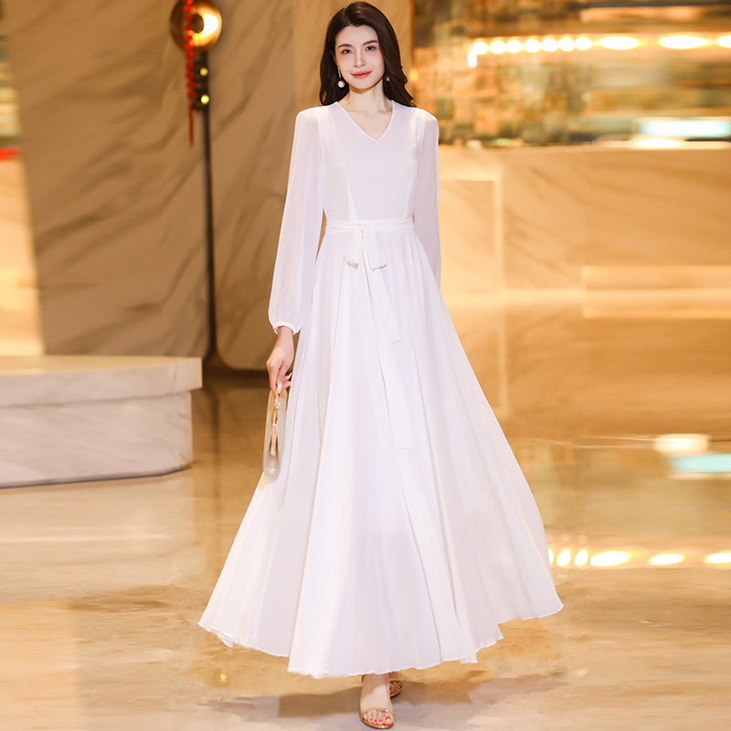 香衣丽华（07白色）长袖V领大摆过膝连衣裙修身显瘦气质长裙