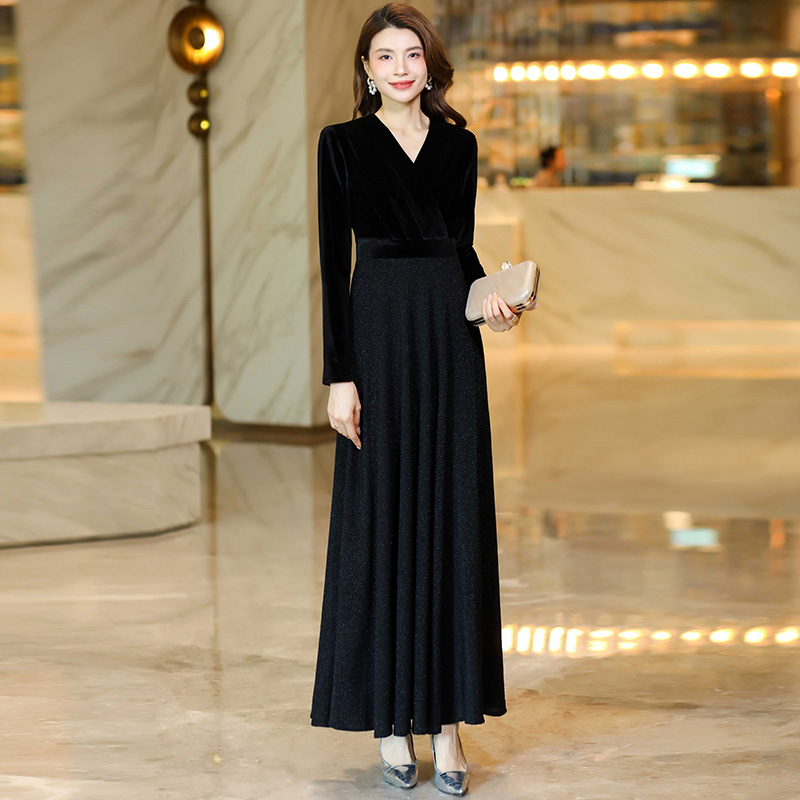 香衣丽华长袖V领假两件长款过膝连衣裙修身显瘦简约长裙