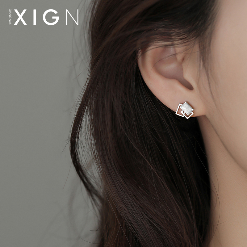 925银耳饰 纯银几何方形耳钉女轻奢小众设计耳饰时尚足银百搭饰品