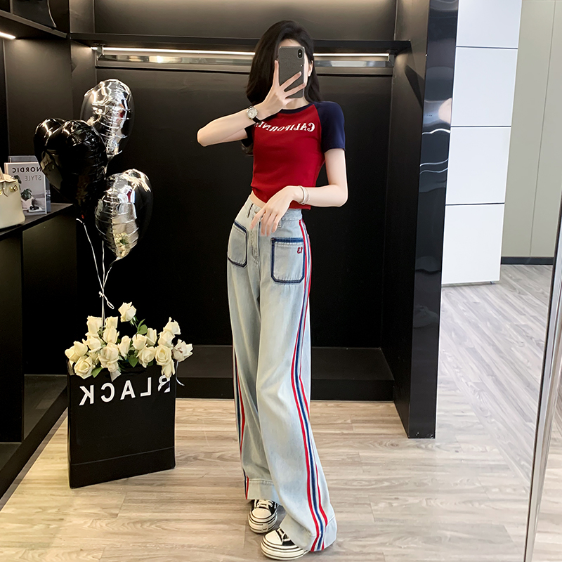 美式复古插肩短袖T恤女夏季辣妹短款上衣休闲直筒针织牛仔阔腿裤