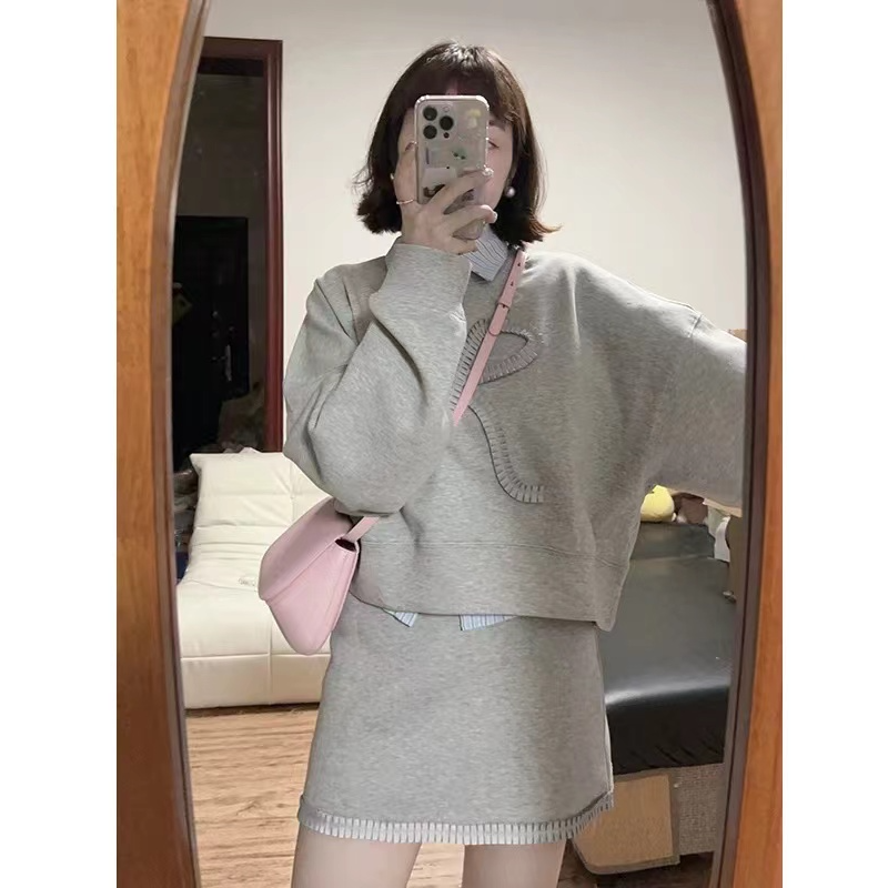 春季韩系休闲衬衫领卫衣假两件高腰显瘦半身裙两件套套装