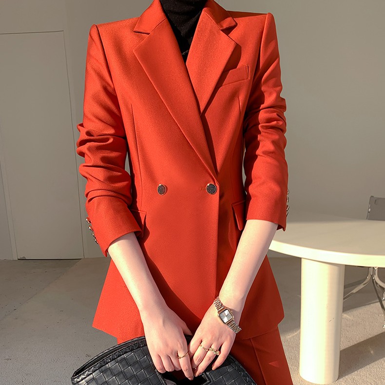 西装套装橘红色西装套装女秋女神范职业正装显瘦总裁休闲西服薄款