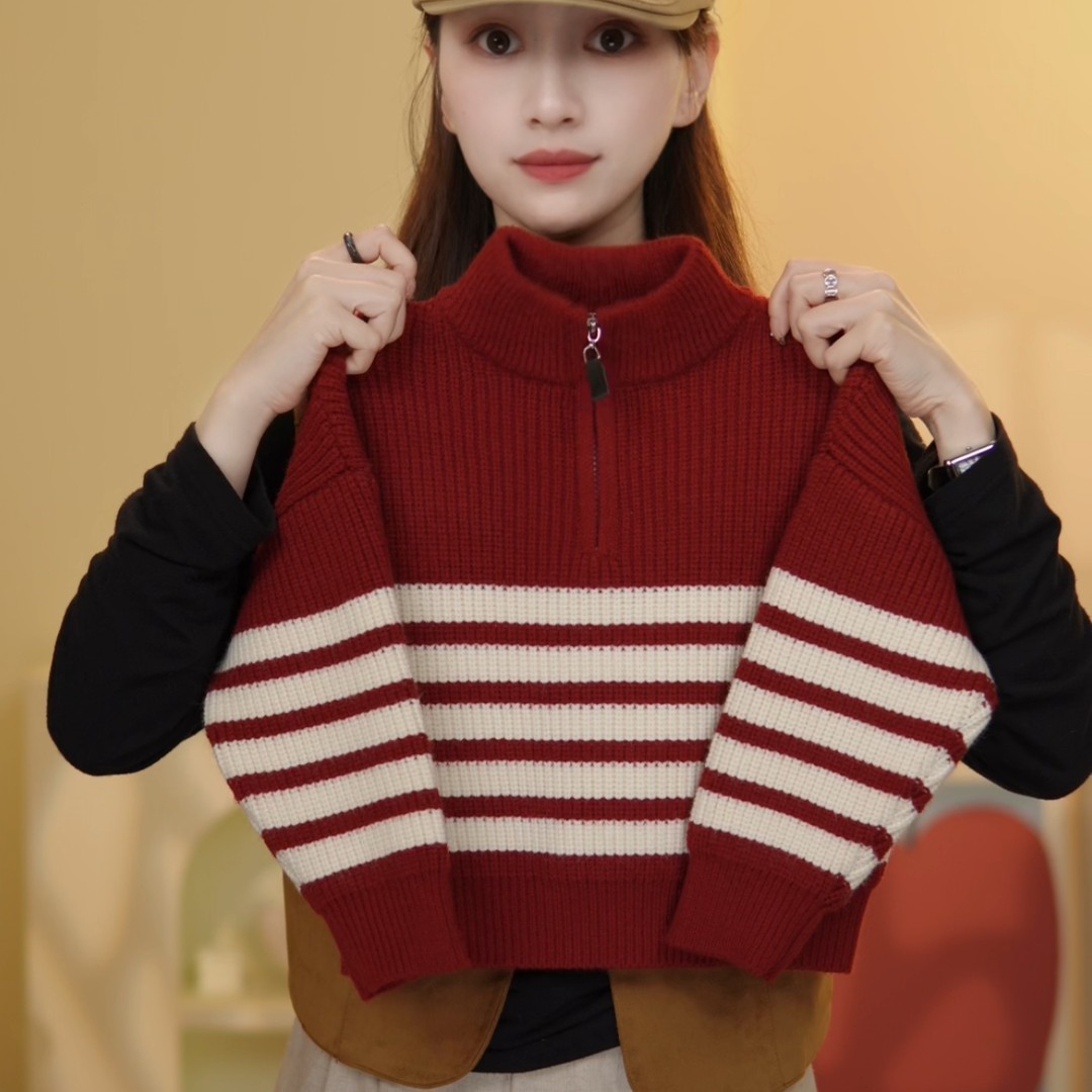 儿童针织加厚半高领条纹红色喜庆宽松毛衣保暖时尚韩版百搭套头潮
