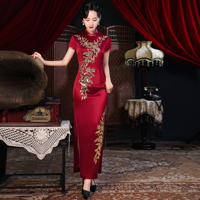 醋酸缎料长款高端妈妈礼服裙夏喜婆婆婚宴洋气红色中国风绣花旗袍