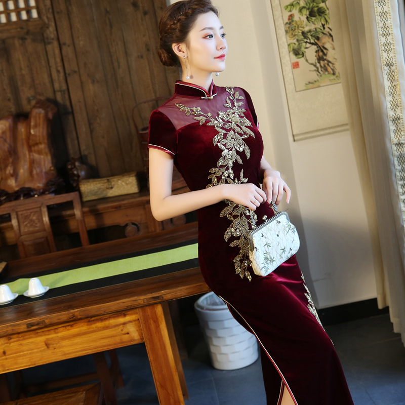 高贵修身旗袍婚宴新款洋气妈妈婚礼装丝绒绣花婚庆喜婆婆旗袍