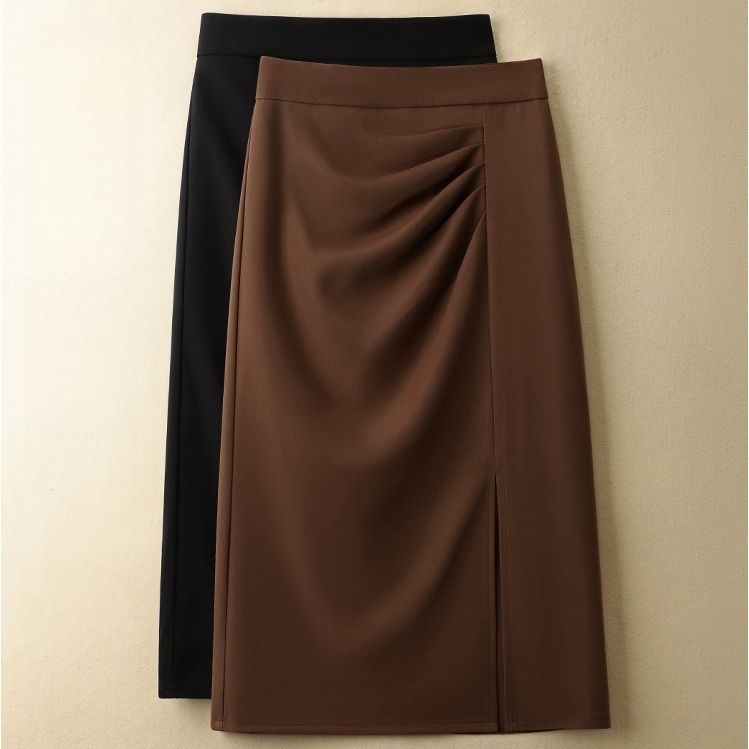 毛呢开叉裙子女秋冬新款褶皱半身裙高腰中长款裙子修身一步包臀裙