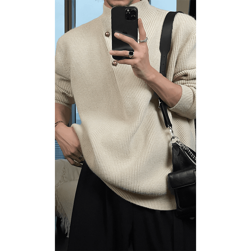 秋冬新品重磅复古高领纽扣设计感毛衣男休闲百搭宽松针织衫上衣潮