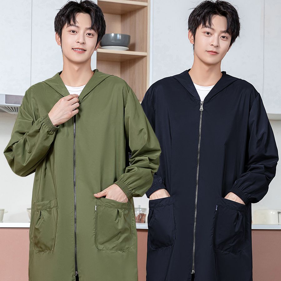 罩衣男长袖工作服户外防水防油大人春秋薄款纯色大褂家用厨房围裙