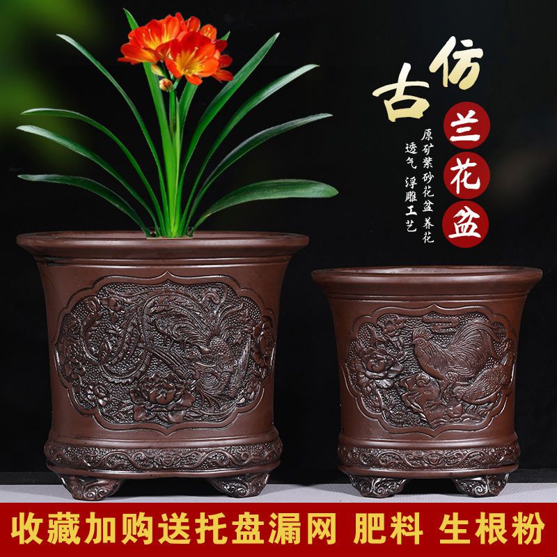 宜兴扇形浮雕花盆君子兰发财树多肉灵芝老桩绿植花卉精品仿古花盆