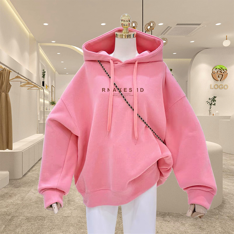 粉色连帽卫衣女2023秋冬新款字母印花慵懒风宽松上衣外套加绒加厚