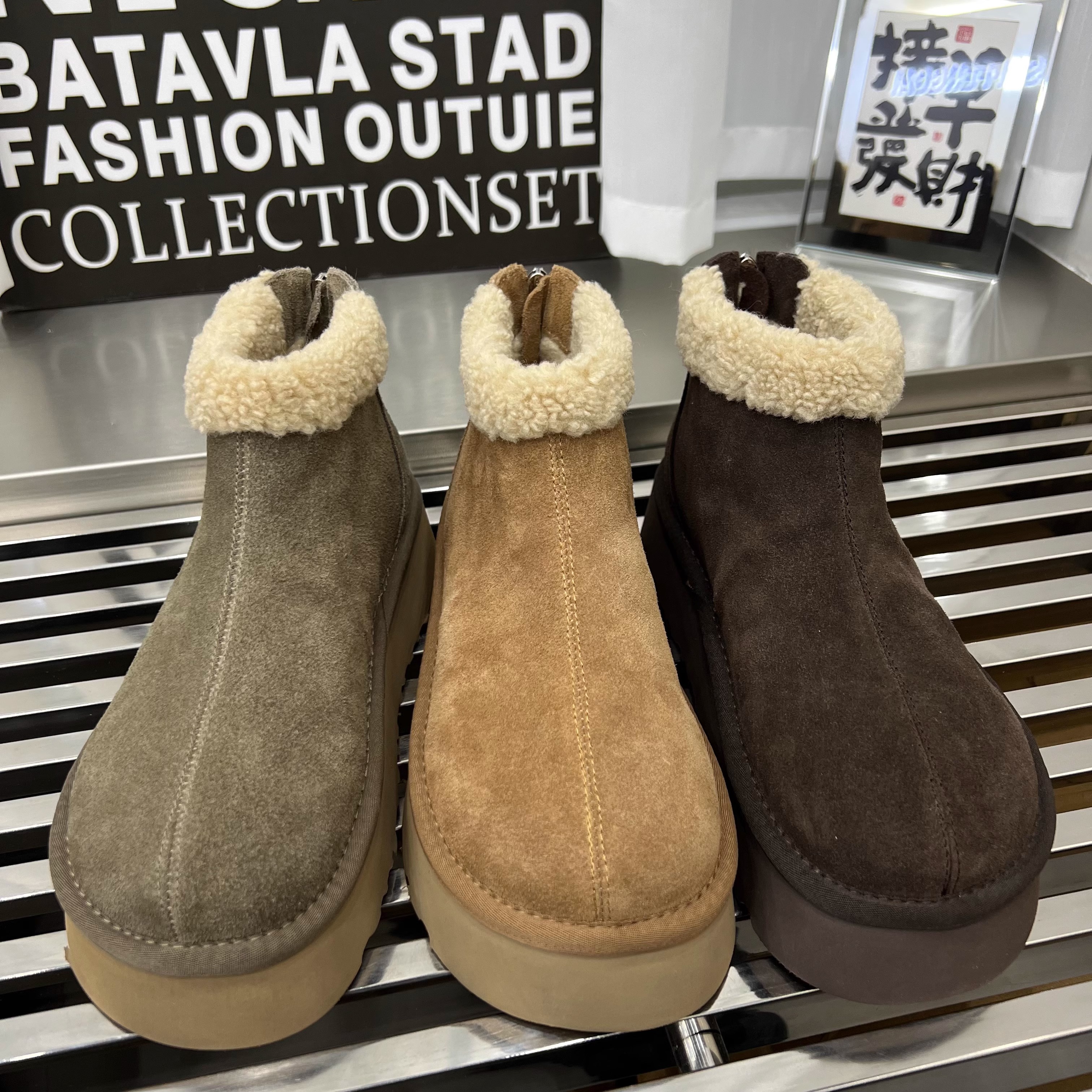 欧洲站磨砂翻毛皮松糕厚底加绒短靴圆头百搭保暖雪地靴网红面包鞋