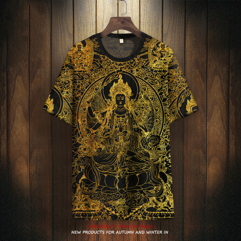 夏季国潮短袖T恤男士潮流佛像印花汗衫大码半袖显瘦薄款百搭体恤