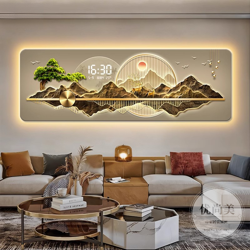 背有靠山客厅装饰画轻奢高级感电子时钟沙发背景墙挂画迎客松壁画