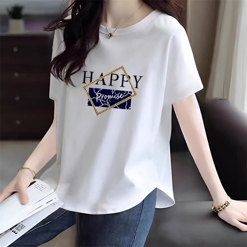 100%纯棉短袖t恤女2024夏季新款大码宽松显瘦弧形下摆半袖上衣服