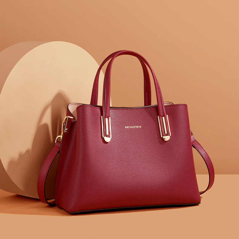 莫妮芬大气简约真皮女士手拎包包时尚婚包手提包百搭新娘妈妈包红