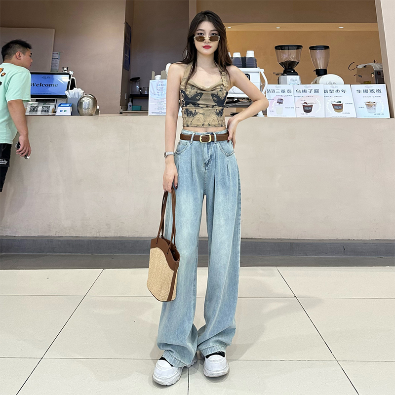浅色阔腿牛仔裤女2023夏季新款高腰褶皱高级感直筒宽松拖地加长裤