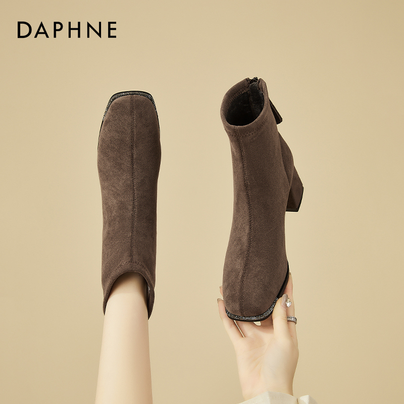 达芙妮法式绒面马丁靴女2025秋冬新款粗跟方头气质短靴弹力瘦瘦靴