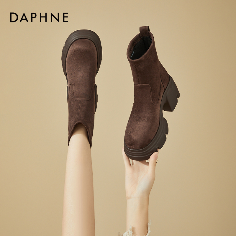 达芙妮高跟马丁靴女秋冬加绒2025款小个子厚底短靴粗跟弹力瘦瘦靴