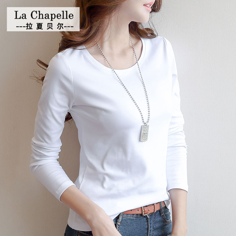 拉夏贝尔春秋白色长袖T恤女纯棉打底衫修身瘦身体恤韩版新款上衣