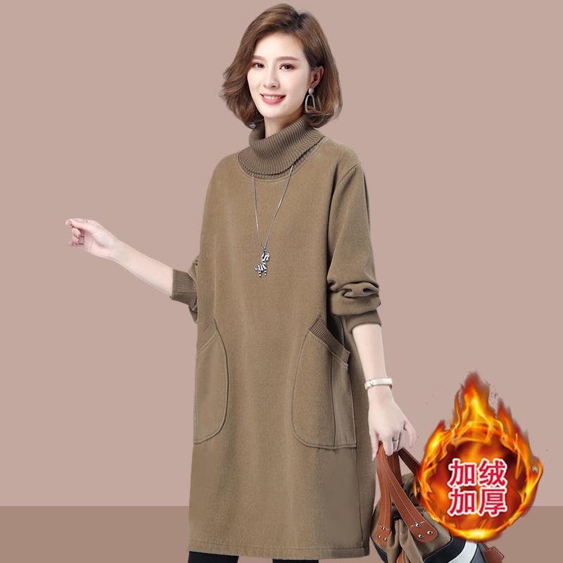 高领连衣裙子2025新款秋冬季中长款加绒女妈妈装加厚保暖打底卫衣