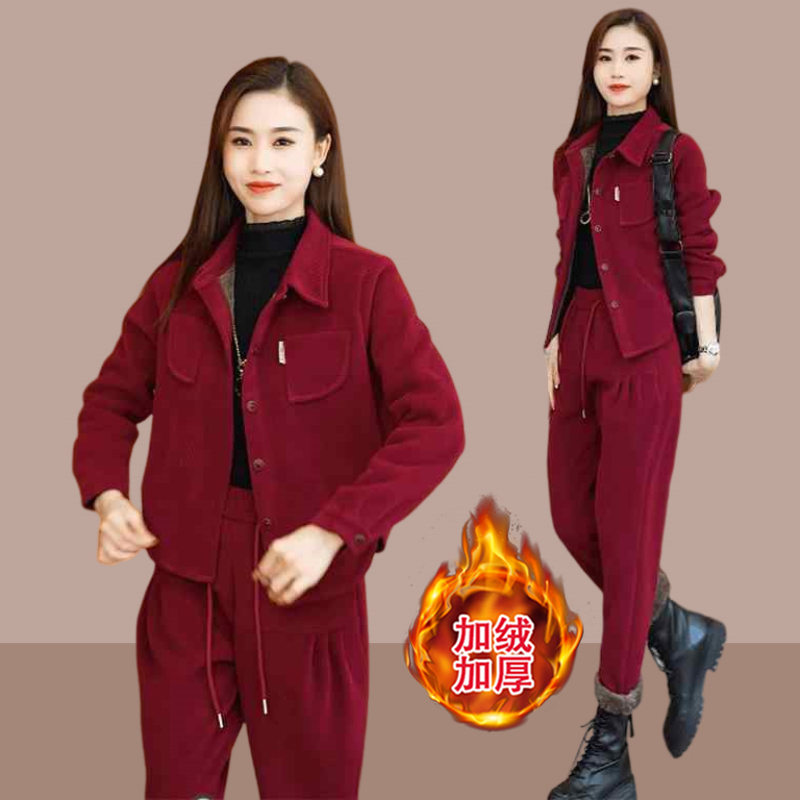 2025秋冬季新款女士时尚洋气休闲显瘦一整套加绒加厚灯芯绒两件套