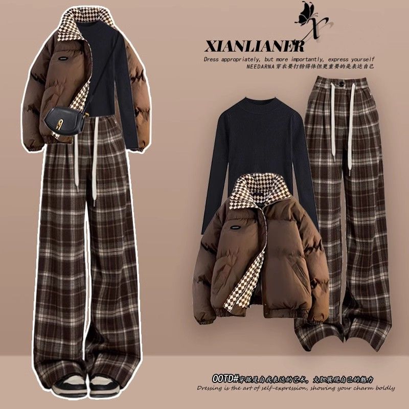 2024冬季女新款棋盘格棉服外套搭配针织衫咖色格子裤工装裤三件套