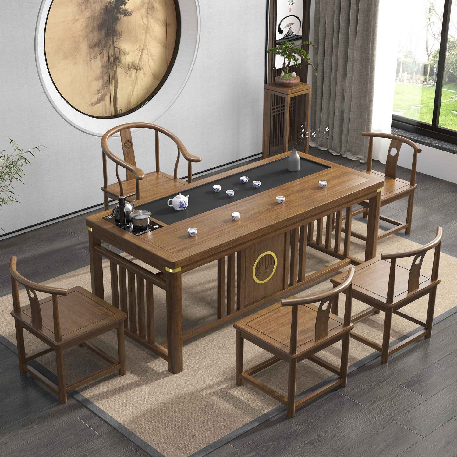 实木茶桌椅组合新中式茶桌一体一整套茶台办公室家用功夫泡茶几桌