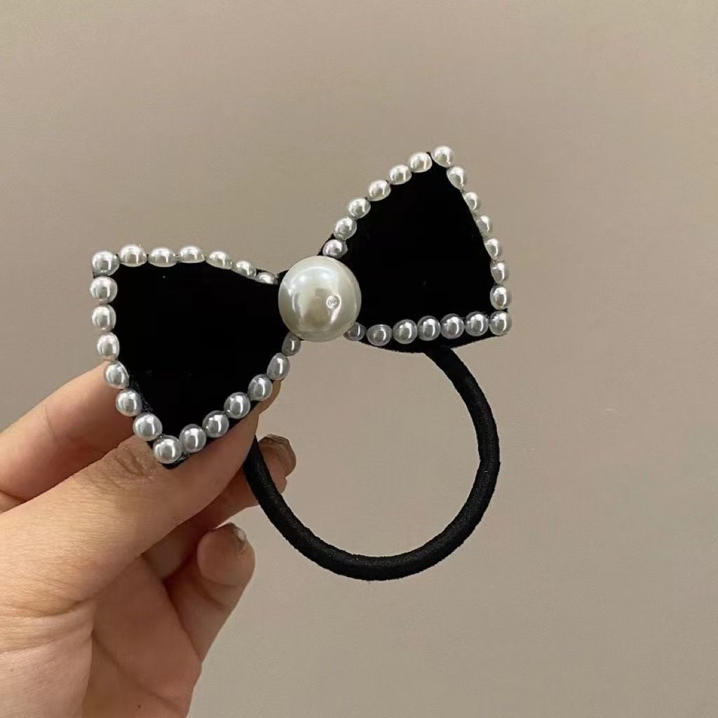 法式复古小香赫本风珍珠丝绒蝴蝶结发圈高级感丸子头绳皮筋发饰