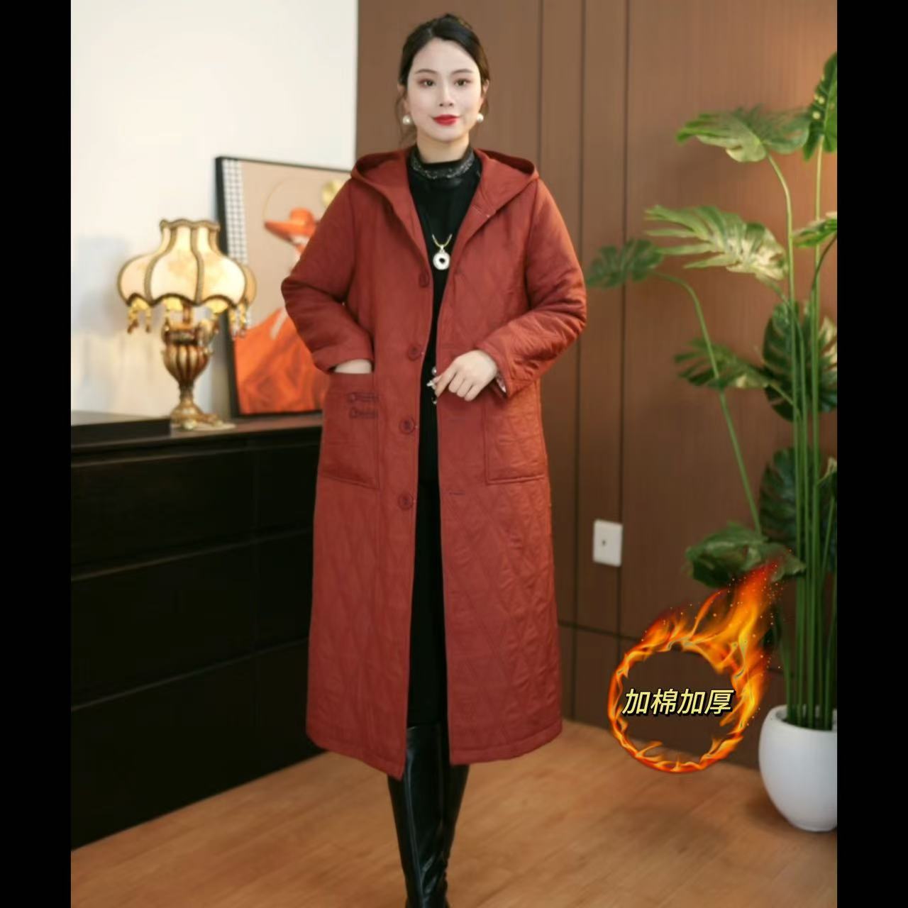 [连帽加棉]一件可过冬-现货加棉加厚冬季新款连帽棉服外套中长款