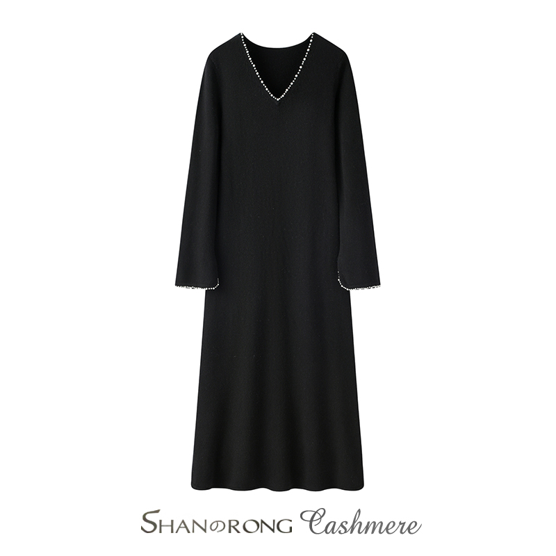 赫本风连衣裙100%纯山羊绒手缝钉珠宽松针织中长裙秋冬保暖内搭厚