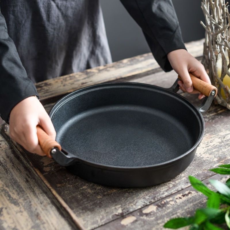新款木把30cm-33cm加深水煎包锅加厚铸铁平底家用烙饼锅水煎包锅