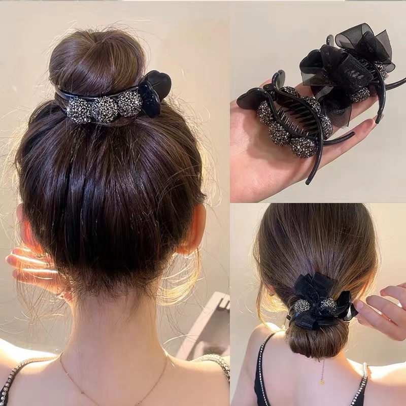 亚克力发饰 丸子头抓夹发饰发夹蝴蝶结满钻蝴蝶结抓夹黑色气质