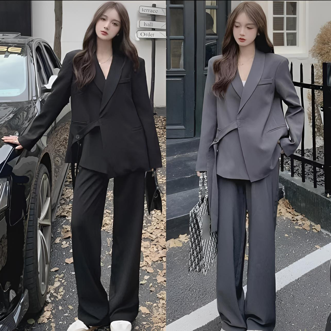 2024春季新款时尚设计感绑带西装外套气质高级感西服阔腿两件套